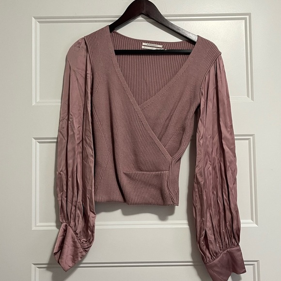 Anthropologie Womens Twofer Faux Wrap Sweater Size Small MauvePuff Sleeve Ribbed - Picture 11 of 12